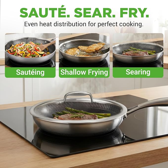 NutriChef 10” Non-Stick Stainless Steel Frying Pan with Lid, Triply Stainless Steel Cookware, Etched Non-Stick Coating, Oven & Induction Safe, Premium Stainless Steel Frying Pan, PFOA/PFOS Free