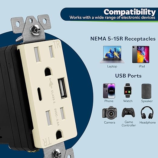 TOPGREENER 2-Port USB Outlet, Type C USB Wall Outlet, 15 Amp TR Receptacle Plug, Charging Power Outlet with USB Ports, Wall Plate Included, TU21536AC-LA-2PCS, Light Almond, 2 Pack