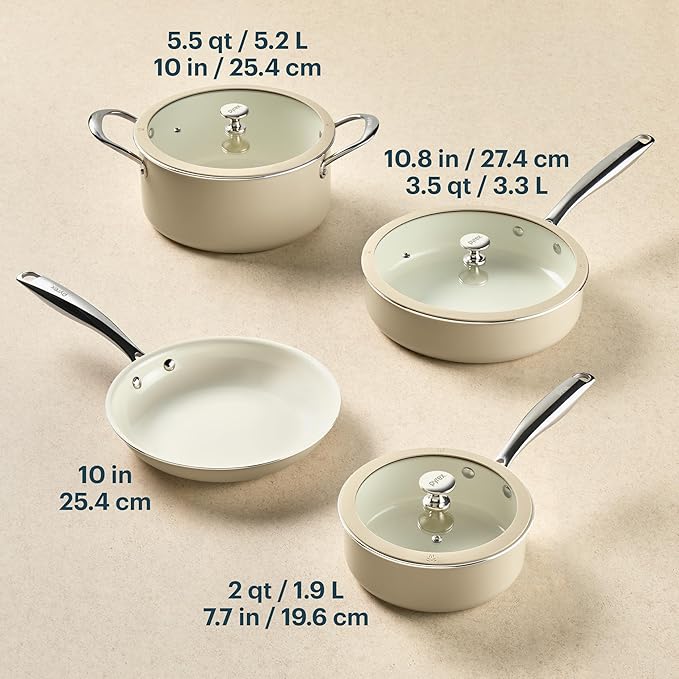 Pyrex 7-Piece Ceramic Cookware Set, Pots and Pans with Lids & Stainless Steel Handles, Healthy Nonstick Ceramic Coating, Induction Compatible Stainless Steel, PFAS Lead Cadmium BPA Free