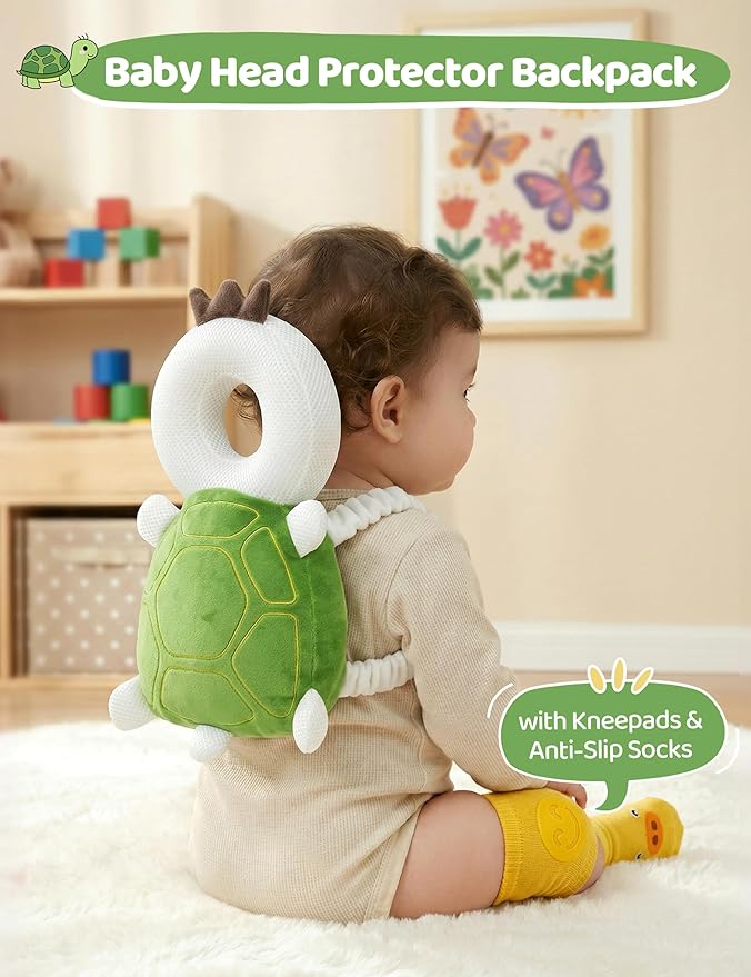 JunNeng Toddler Baby Head Protector Backpack for Toddler Walker with Knee Pads&Anti-Slip Socks, Turtle