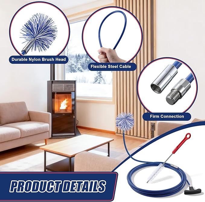 Dreyoo Pellet Stove Cleaning Brush Kit, 20 FT Flexible Steel Rod with 3" Brush Head, T Handle, Multi Purpose Flue Detail Cleaner, Nylon Stove Flue Pipe Kit for Pellet Furnace Exhaust Pipes