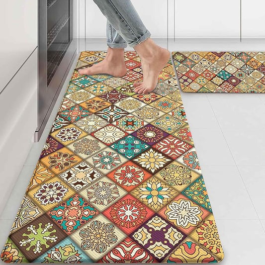 Boho Kitchen Rug Mats for Floor Cushioned Anti Fatigue Mexican Colorful Ceramic Tile Kitchen Rugs Sets of 2 Non Slip Waterproof Comfort Memory Foam Standing Floor Mat for Laundry Sink Desk