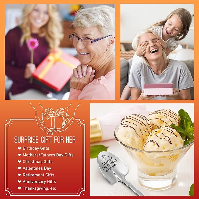 Aunt Gifts, Mothers Day Birthday Gifts for Aunt Auntie from Niece Nephew, Best Aunts Ever Cute Mother's Day Present Funny Aunt's Ice Cream Shovel Spoon Gift for Anniversary Christmas White Elephant