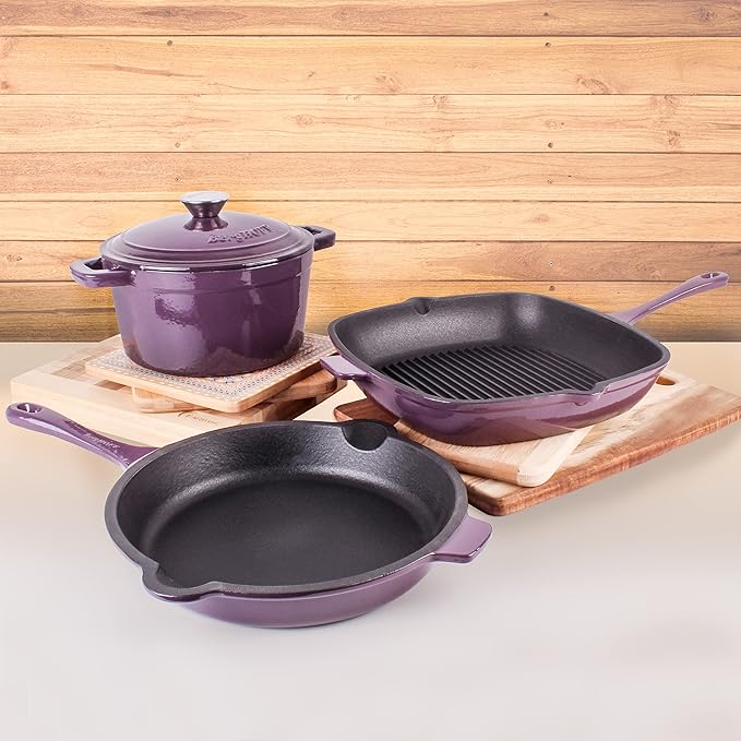 BergHOFF Grill Pan 11 inches, Fry Pan 10 inches, 3qt. Dutch Oven, Matching Lid, Fast, Evenly Heat, Oven Safe, Neo 4Pc Enameled Cast Iron Cookware Set, Purple