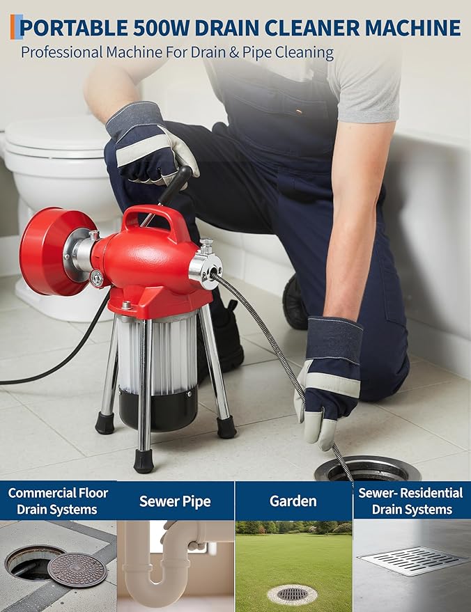 GarveeLife Electric Sewer Snake Drain Auger, Drain Cleaner Machine with 66FT x 5/8" & 16FT x 3/8" Steel Cables, 7 Cutters, 500w Power Auto Feed Pipe Snake for 3/4" to 4" Pipes for Sink Toilet Drainage