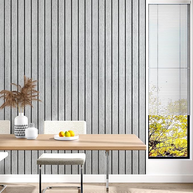 Wallercity White/Gray Self Adhesive Wood Slat Wall Paneling 3D Panels for Wall Decor Soundproof Peel and Stick Wooden Panels for Bedroom Kitchen 11.7''x197'' Vinyl Waterproof Faux Wood Fence Wallpaper