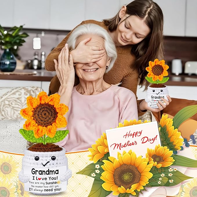Qunland Mothers Day Birthday Gifts for Grandma, Grandma Gifts from Grandkids, Mother's Day Birthday Gift for Nana Grandmother GaGa, Handmade Crochet Mini Sunflower Pot Doll I Love You for Gigi
