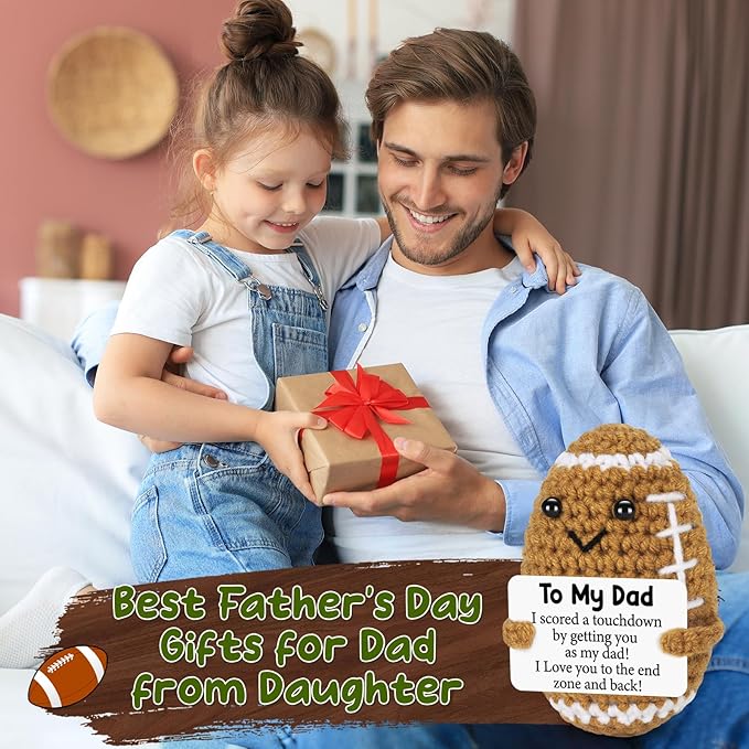 Funny Fathers Day Birthday Gifts from Daughter Son Wife, Father's Day Positive Handmade Crochet Gift for Dad, Cute Small Gifts for Dads, I Love You Papa Gift Idea, Unique Football Doll for Step-Dads