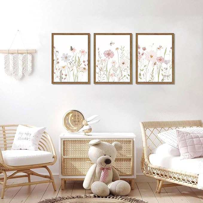 Framed Wildflower Wall Art Set of 3, Pink Floral Canvas Wall Decor Pictures, Vintage Flower Botanical Paintings, Nursery Flowers Butterfly Posters Prints for Bedroom Living Room 16x24 Inch