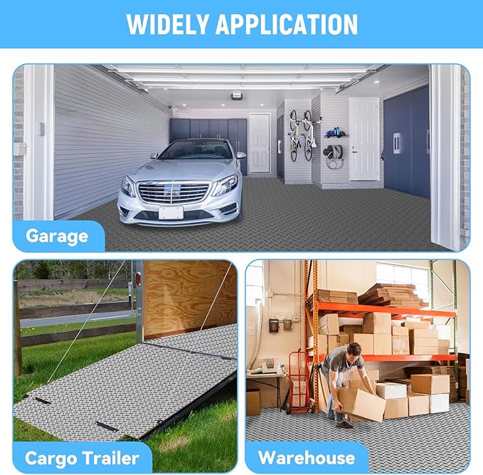 5x15 FT Garage Floor Mat, 2.8mm Thickened PVC Flooring Roll for Under Car, Golf Cart Parking Mat, Diamond Plate Gray Motorcycle Mat for Warehouse, Basement, Gyms, Trailer（Included Tapes）