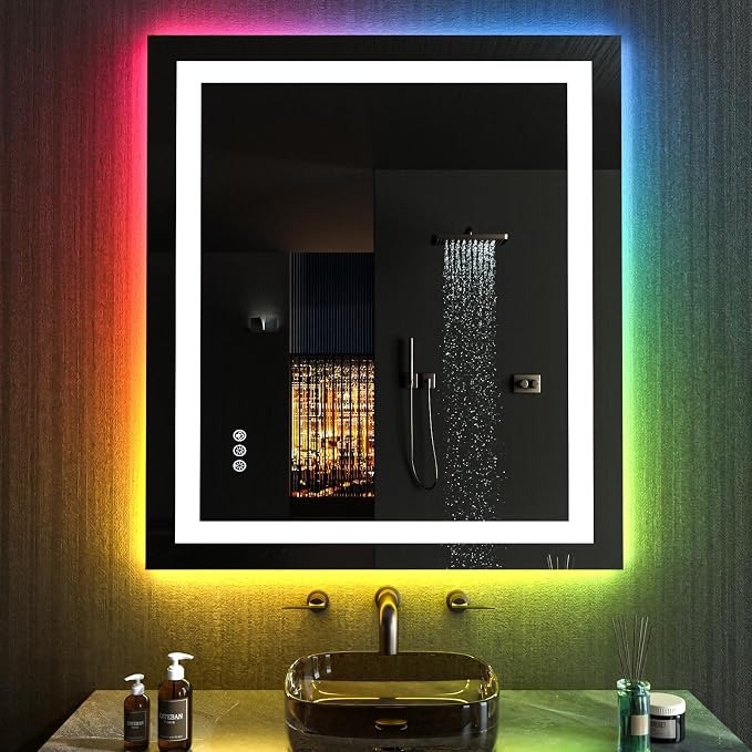LOAAO 20"X28" RGB LED Bathroom Mirror with Lights, Anti-Fog, Dimmable, Lighted Bathroom Vanity Mirror, Multiple Light Modes, RGB Backlit + Front Light, Memory Function, Tempered Glass, ETL Listed