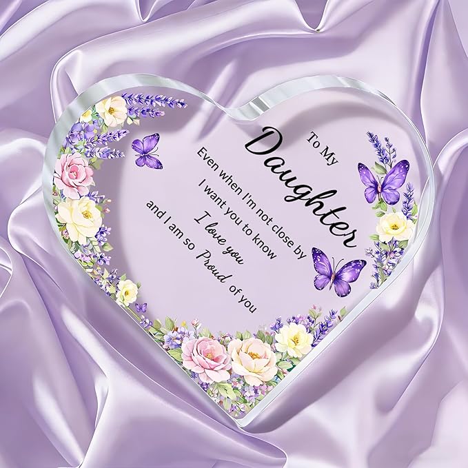 Mothers Day Gifts for Daughter - To My Daughter Acrylic Heart Plaque Daughter Gifts, Purple Birthday Gifts for Daughter Adult Teen Girls from Mom Dad, Cute Keepsake Inspirational Decor