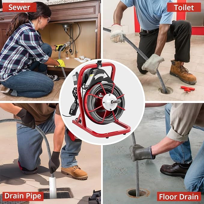 Patikuin 75FT x 3/8 Inch Electric Drain Cleaner Machine, Auto Feed Sewer Snake Auger with Motor, 4 Cutters & Air Foot Switch, for 1-4 Inch Pipes, Toilets, Sinks, and Floor Drains
