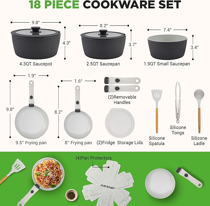 NutriChef 18-Piece Ceramic Cookware Set with Detachable Handles, Non Stick Pots and Pans, PTFE-Free Natural Ceramic Coating, Space-Saving Design, Oven & Stove Safe, Includes Utensils, Blue