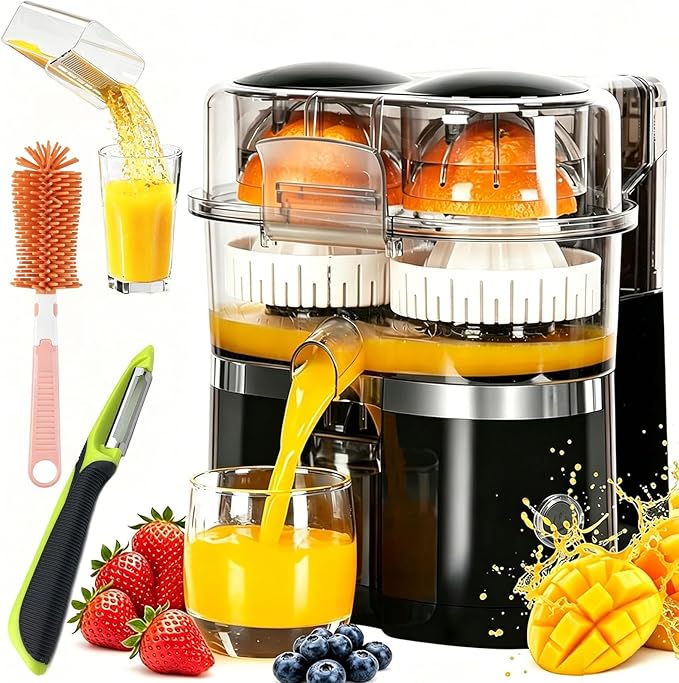Dual-Head Automatic Citrus Juicer, 2026 New Detachable Dual-Head Electric Citrus Juicer with Built-in Cutter and Cleaning Brush, Electric Orange Juicer Machine for Kitchen (Black)
