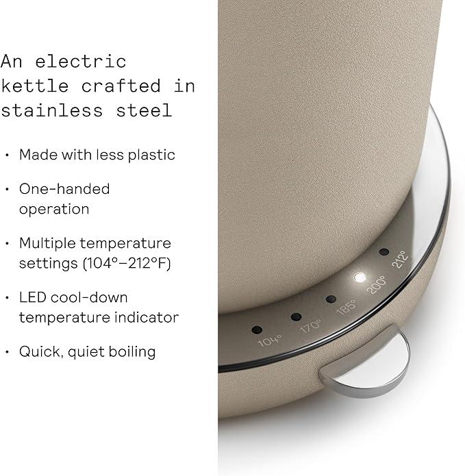 Aarke Stainless Steel Kettle - Perfect for Coffee and Tea Maker Enthusiasts, Non-Drip Spout, Double-Wall Construction, Dry Boil Protection, Heat-Safe Handle, LED Cool-Down Indicator, 1.2L (Sand)