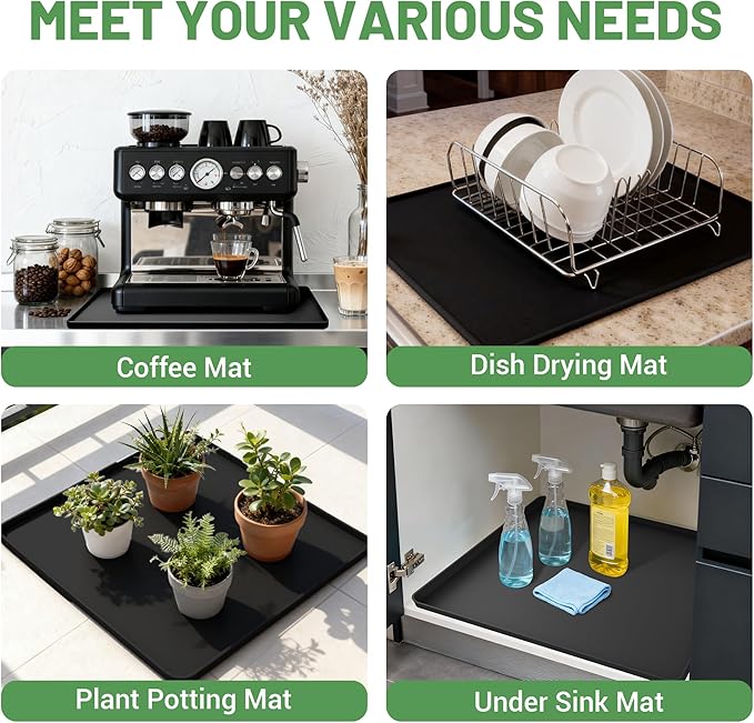 16-inch Coffee Mat - Heat Resistant Silicone for Coffee Bar & Kitchen Counter - Bar Mat for Countertops - Decor Under Espresso Machine & Makers (Black)
