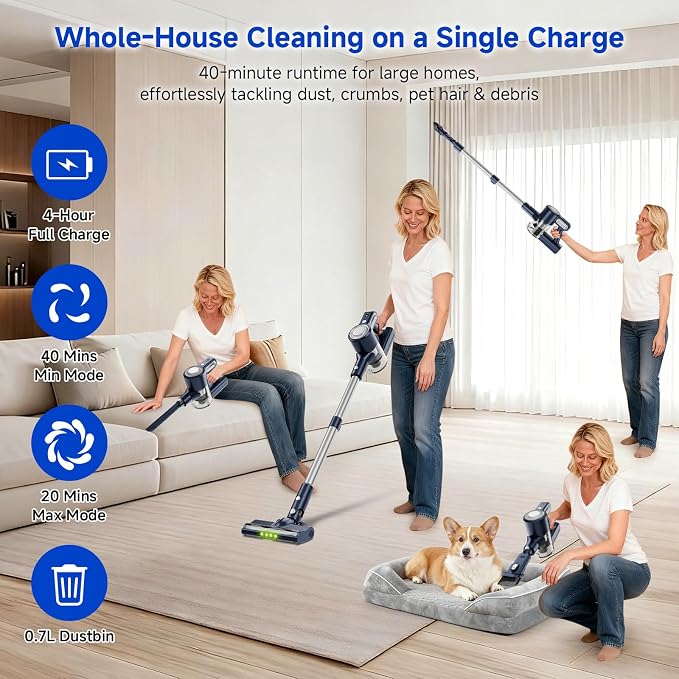 Cordless Vacuum Cleaner: Powerful Suction Stick Vacuum, Anti-Tangle Brush | Portable 6-in-1 Rechargeable Vacuum, Green LED Light, Ideal for Pet Hair, Low-Pile Carpets & Hard Floors-Dark Blue