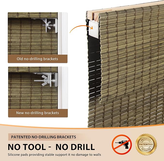LazBlinds No Tools No Drill Cordless Bamboo Roman Shades, Privacy Window Treatment, Roll Up Bamboo Blinds for Windows 29'' W x 64'' H, Driftwood
