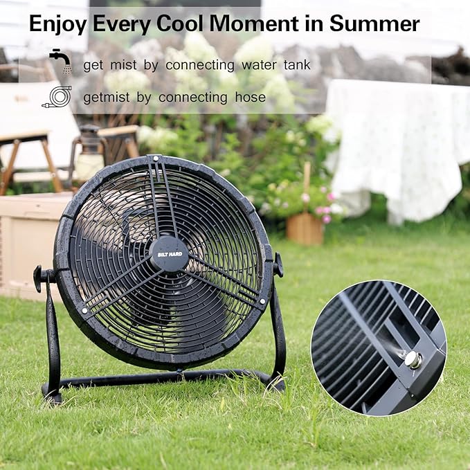 BILT HARD 16 Inch Outdoor Portable Misting Fan, Battery Operated Floor Fan with 15600mAh Detachable Battery, Outside Rechargeable Portable Fan for Patio, Camping, Travel