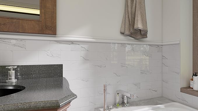 Colamo Luxury 10-Sheet Peel and Stick Backsplash,Self Adhesive Faux Stone 12”x12” White Subway Tile for Kitchen,Glossy Waterproof Carrara Brick Marble Look,Stick on Accent Wall for Bathroom,Bedroom