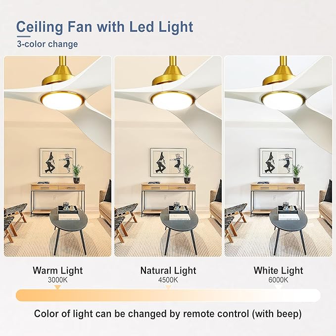 Outdoor Ceiling Fan with Light: 52 Inch 3 Blade Outdoor Fans for Patios - Modern White Gold Ceiling Fan with Remote Control Ultra Quiet Reversible DC Motor Timer