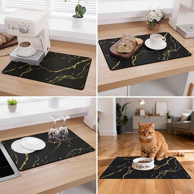 SHACOS Coffee Mat 2 Pack 12x19 Inch Absorbent Non Slip Rubber Bar Accessories Coffee Maker Mat for Countertop Dish Drying Mat Heat Resistant, Golden Marble