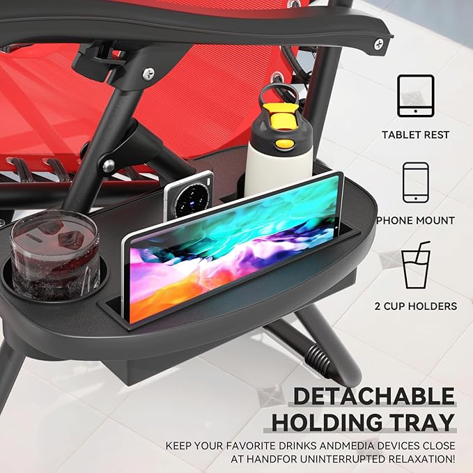 Zero Gravity Chair, Portable Outdoor Chair, Reclining Patio Lounge Chair with Adjustable Pillow and Cup Holder Trays for Outdoor, Patio, Beach, Camping, Garden, Poolside, 2 Pack, Red