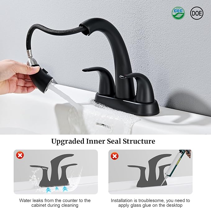 Ultimate Unicorn Pull Down Bathroom Sink Faucet - Anti-Splash Matte Black 4 Inch Centerset Vanity Faucets 3 Hole with Pop Up Drain, Two Handle Modern Washbasin Tap Set with Sprayer for Rv Restroom