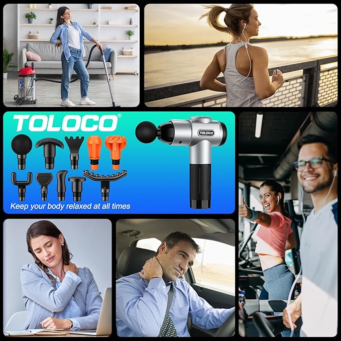 TOLOCO Massage Gun, Muscle Massage Gun Deep Tissue for Athletes with 10 Massage Heads, Electric Percussion Massager for Any Pain Relief, Mothers Day Gifts, Silver