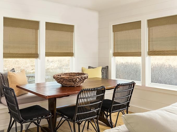 LazBlinds No Tools No Drill Cordless Bamboo Roman Shades, Light Filtering Window Treatment, Roll Up Bamboo Blinds for Windows 30'' W x 64'' H, Acorn