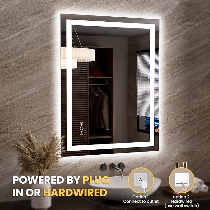 LOAAO 27.6"x35.4" LED Bathroom Mirror with Lights, Anti-Fog, Dimmable, Backlit + Front Lit, Lighted Bathroom Vanity Mirror for Wall, Memory Function, Tempered Glass, Safe to Use, ETL Listed