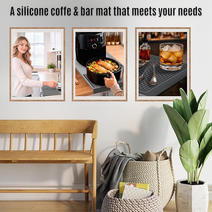 Coffee & Bar Mat For Countertop With "Edge Protection" – Espresso Machine & Coffee Maker Mat – Silicone Heat Resistant Mat – Non-Slip & BPA-Free Food Grade Mat – 12"(Front) x 24"(Length), Gray