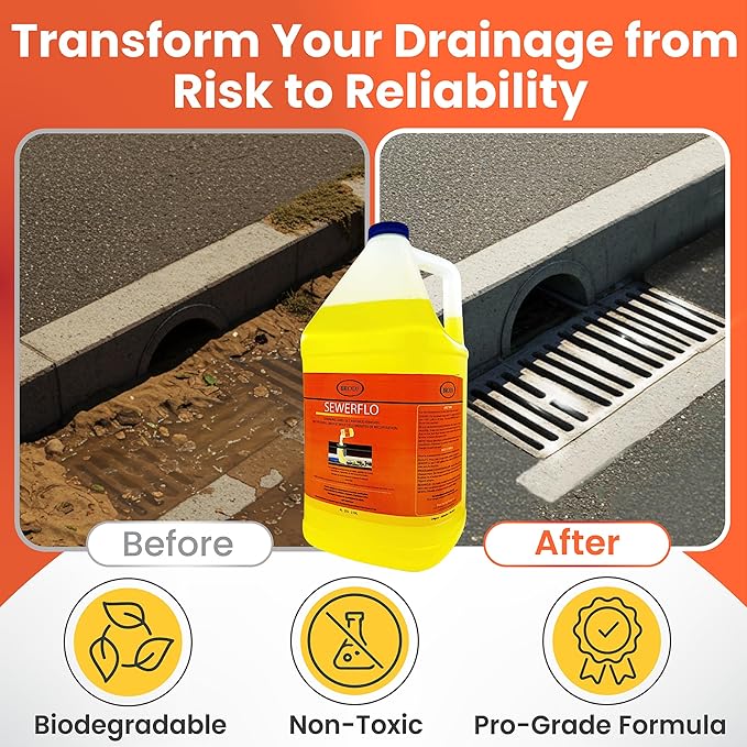 SewerFlo Main Line Sewer Drain Cleaner Heavy Duty, Clears Sand, Silt and Mud from Catch Basins, Breaks Up Clogs & Keeps Particles in Suspension, Safe & Concentrated (1 Galon)