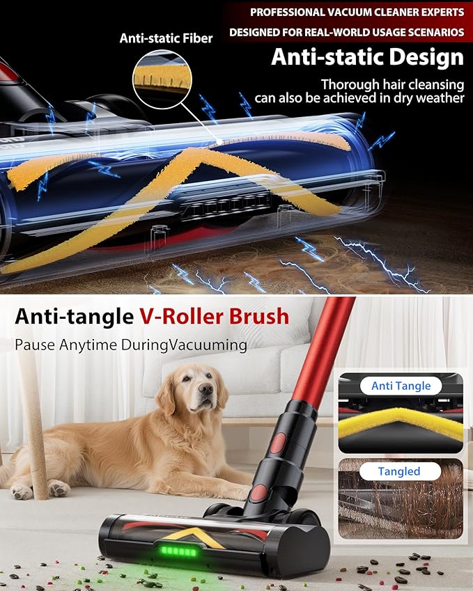 Cordless Vacuum Cleaner, 75Mins/55KPa/650W Freestanding Vacuum Cleaners for Home, with Anti-Static&Anti-Tangle Brush, LED Touch Screen, Stick Vacuum for Carpets, Pet Hair, Hardwood Floors