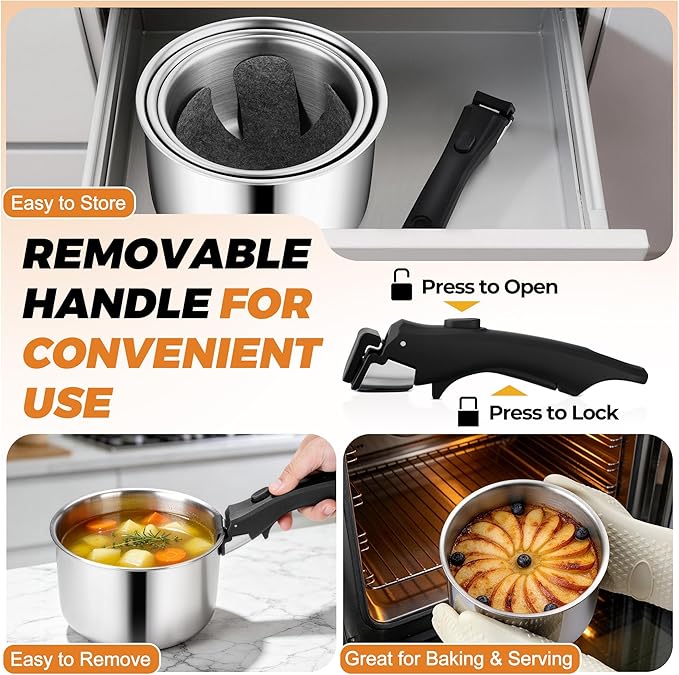P&P CHEF Tri-Ply Cooking Pots and Sauce Pans, 9Pcs Stainless Steel Cookware Set with Removable Handle, Induction 2Qt Saucepan, 3Qt Small Pot & 4Qt Stock Pot, Oven & RV Safe to 500℉, Dishwasher Safe