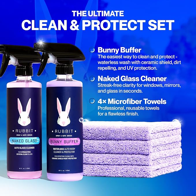 Bunny Buffer Bundle, Waterless SiO2 Ceramic Car Wash & Protect Kit with Auto Body Clean and Protect Spray, Glass Cleaner, & 4 Microfiber Towels, Spray and Wipe Car Detailing Kit, 6 Piece Set