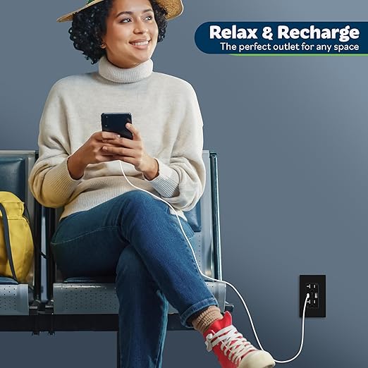 TOPGREENER 2-Port USB Outlet, Type C USB Wall Outlet, 20 Amp TR Receptacle Plug, Charging Power Outlet with USB Ports, Wall Plate Included, TU22036AC-BK-2PCS, Black, 2 Pack