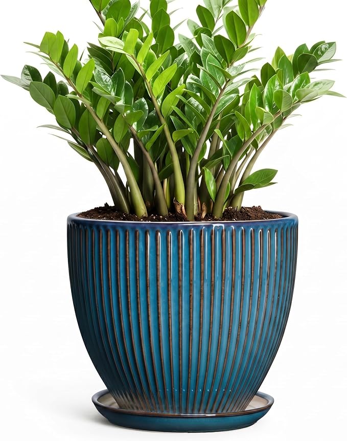 Ceramic Planter, 10 Inch Plant Pot with Drainage Hole and Saucer, Round Planters for Indoor Plants, Decorative Plant Pots, Modern Planter, Living Room Decor, Gifts for Plant Lovers, Retro Blue