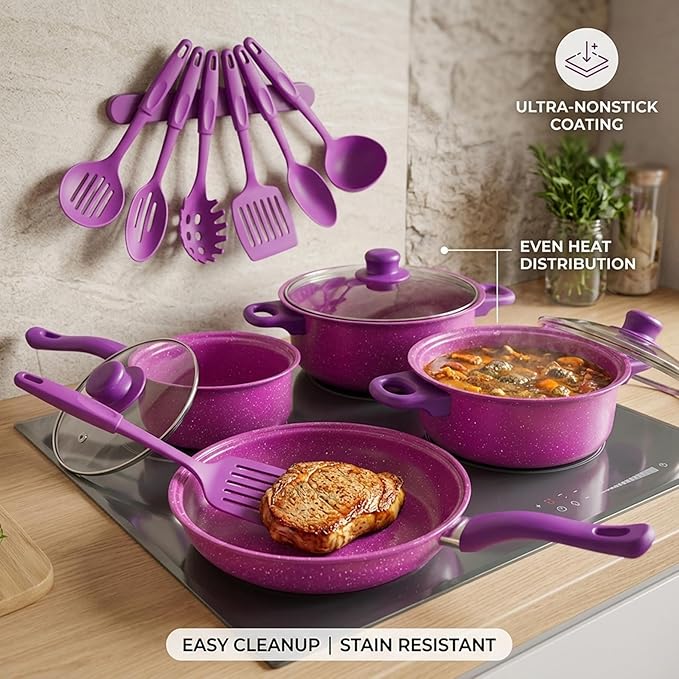 Nonstick Cookware Set, 13-piece Nonstick Cookware Set, Non Stick Pots and Pans with Frying Pan, Saucepans, Milk Pot & Utensils for Home Cooking, Purple
