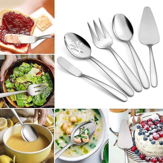 LIANYU 65-Piece Heavy Duty Silverware Set with Serving Utensils, Stainless Steel Flatware Cutlery Set for 12, Eating Utensils Tableware Include Forks Knives Spoons, Mirror Finished, Dishwasher Safe