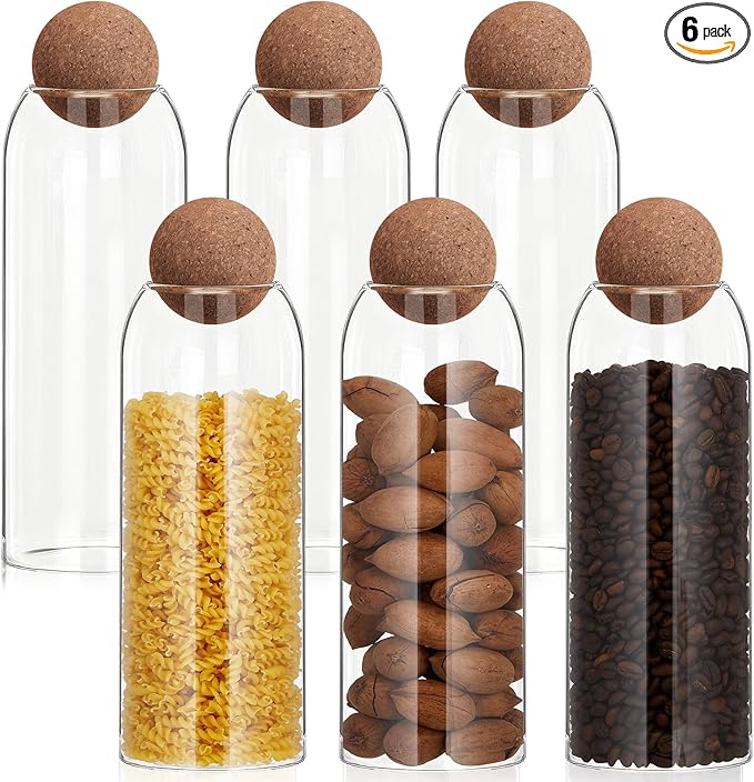 Suclain 6 Pcs Glass Jars with Cork Ball Lid Farmhouse Kitchen Canisters Coffee Bar Countertop Container Rustic Storage Jars for Bean Nut Sugar Coffee Tea Organizer Housewarming Gift (40 oz)
