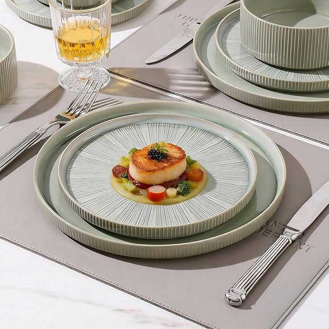 Dinnerware Sets for 4, Ceramic Plates and Bowls Set 12 Piece Dinnerware Chip Resistant Stoneware with Advanced Inkjet Printing Technology, Dishwasher and Microwave Safe-Sage Green