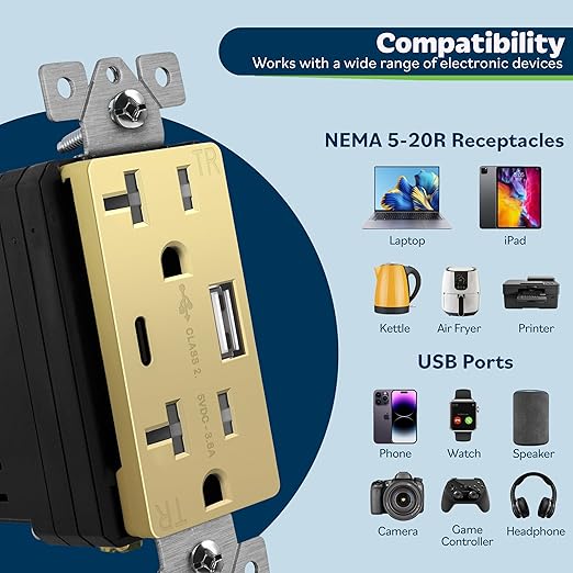 TOPGREENER 2-Port USB Outlet, Type C USB Wall Charger Outlet, 20 Amp TR Receptacle Plug, Charging Power Outlet with USB Ports, Wall Plate Included, UL Listed,TU22036AC-GDWSI-2PCS, Gold, 2Pack