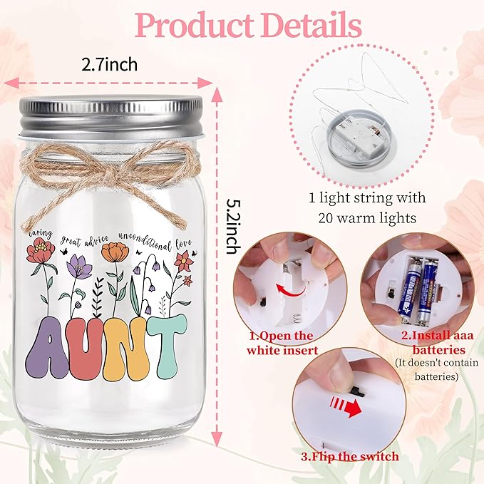 Aunt Gifts for Aunt Mothers Day Birthday Christmas Valentines Day Gifts for Auntie Mason Jar Night Light Home Decor