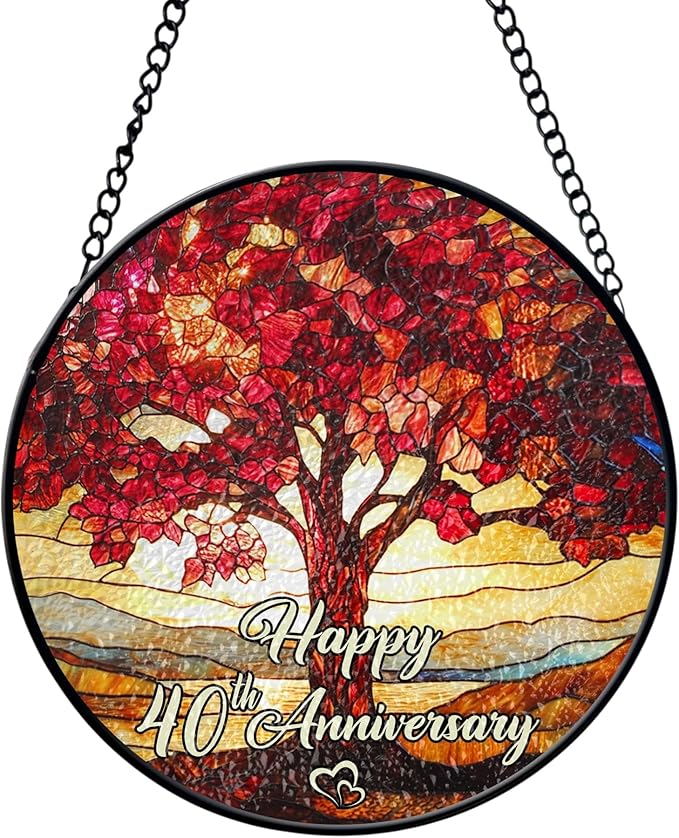 40th Wedding Anniversary Faux Stained Glass Suncatcher, 40 Years Marriage Keepsake Suncatcher, Ruby Wedding for Parents
