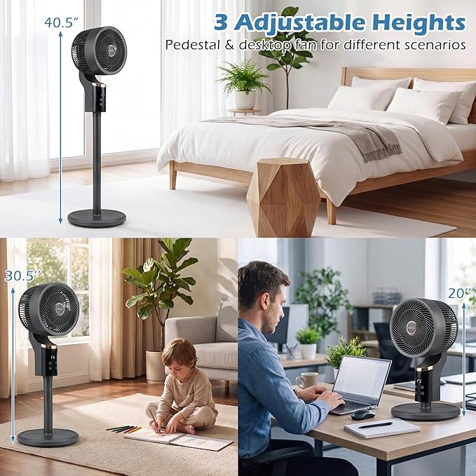 COSTWAY Pedestal Fan for Bedroom, Compact Oscillating Standing Fan with 70° Oscillation, 90° Tilt, 3 Adjustable Heights, 8 Speeds, 12H Timer & Remote, Quiet Table Fan for Home Office (Black)