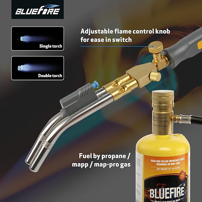 BLUEFIRE HZ-8150 Double Heads Swirl Flame Self-Ignition Hosed Turbo Torch 5' long Hose Trigger Start MAPP MAP Propane Welding Blowtorch Nozzle for brazing large diameter copper pipes, Torch Only