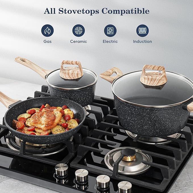SODAY 12 Pcs Pots and Pans Set Non Stick, Cookware Sets Black Granite Induction Cookware, Non-toxic Healthy Nonstick Kitchen Cooking Set with Frying Pans Set, Saucepans (PFAS/ PFOA/ PFOS Free)