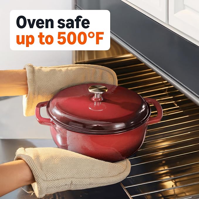 Amazon Basics Enameled Cast Iron Dutch Oven Pot with Lid, Round, Dual Handles, Heavy-Duty, Oven Safe for Stews, Roasting, Baking, 6-Quart, Red